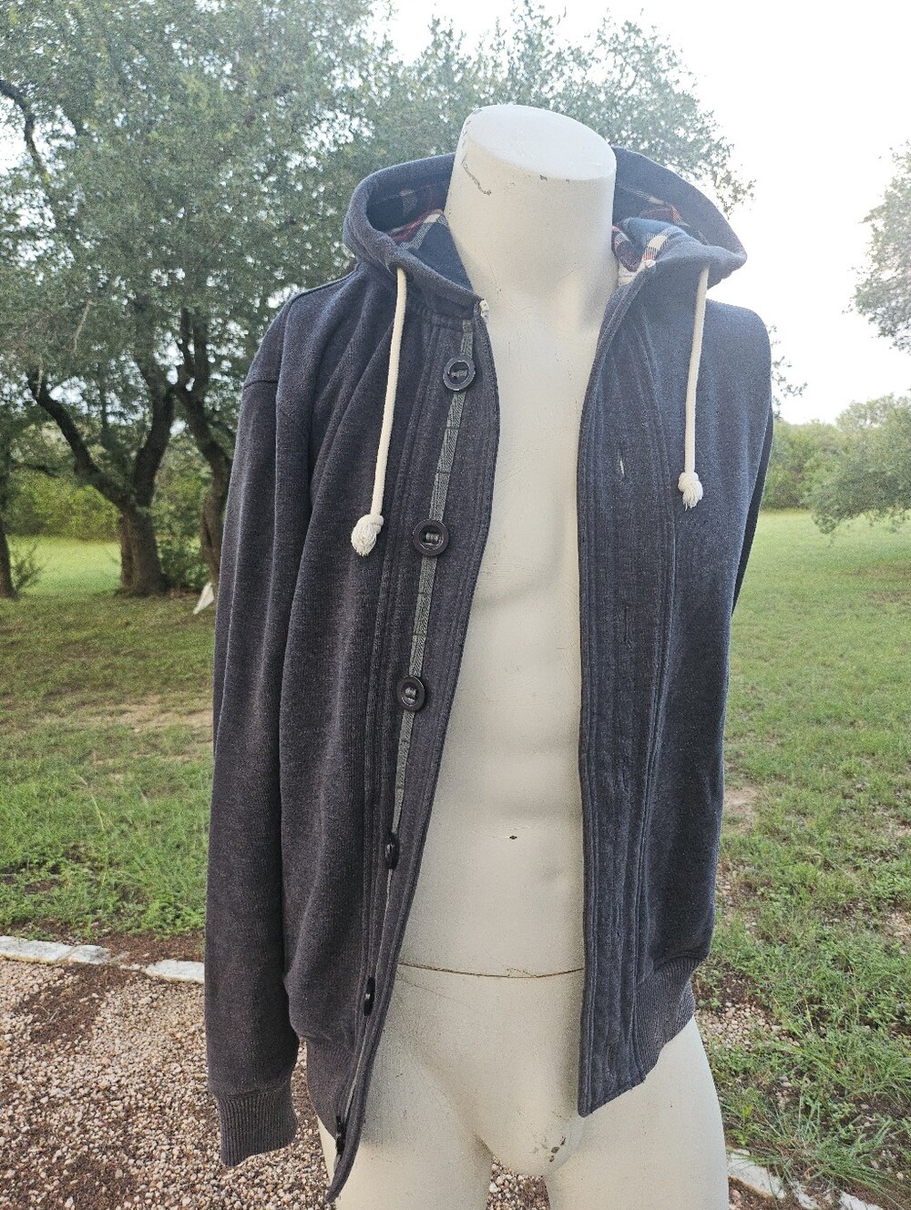 Men's Angelo Litrico Naby Blue Button Plaid Cotton Jacket Drawstring Hoodie M